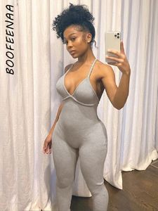 Women's Jumpsuits Rompers BOOFEENAA Comfy Grey Ribbed Knit Jumpsuit Women Fall Sexy Deep V Neck Backless Bodycon Romper C87-CZ20 230131