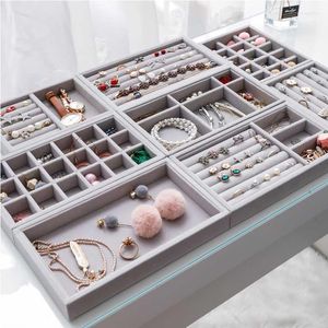 Caixas de armazenamento Caixas artesanais Diy Jewelry Box Gaveta Organizador cinza Jóias de veludo macio Baneca de colar de joias de jóias Bandeja de pulseira 9 Opções