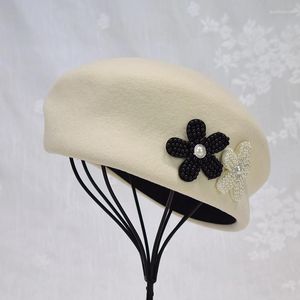 Berets French Style Dubble Flower Beret Hat Wool Felt Warmer Winter Cap White Black Women Fedora Fascinator Pillbox