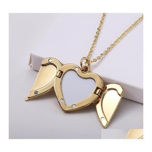 Christmas Decorations Sublimation Blanks Necklace Locket Fashion Angel Wings Transfer Printing Heart Shape Consumables For Diy Jewel Ot9Ly