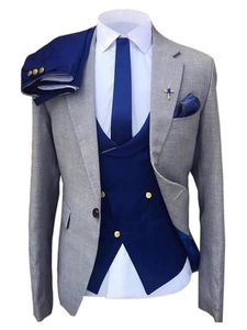 Męskie garnitury Blazers Fashion Suit for Man Grey Blazer Blue Blue Vest and Pants Bride Groom Tuxedo Kostium Rozmiar