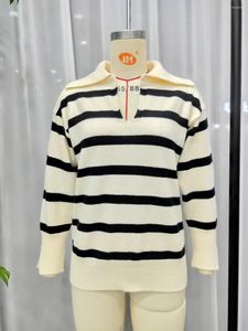 Swetry kobiet czarne białe w paski Sweter 2023 Trend Zagranizacja kołnierza marynarza vintage dzianina koszulka polo luźna swobodna koreańska koreańska