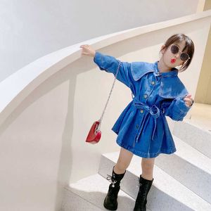 Mädchenkleider Kinderkleidung Herbst neue Mädchen Denim Mode Kleid mit großem Revers und Gürtel