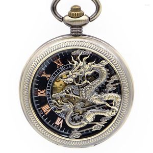 Taschenuhren Top-Marke Bronze Dragon Mechanical Roman Numberals Skeleton Dial Unisex PocketFob für Männer Frauen PJX1352