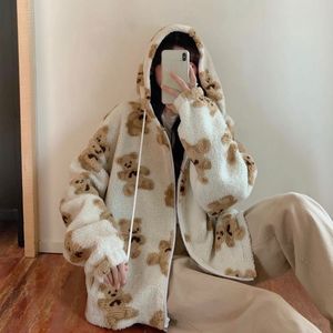 Women's Jackets Cartoon Bear Lamb Hoodies Wool Couple Jacket Casual Oversize Hoodie Winter Warm Tops Female Sweatshirt Cute Teddy Coats 230131