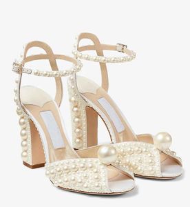 Perlas blancas Sandalias de cuero para mujer Zapatos Vestido de novia nupcial Sacora Lady Bombas Tacones altos de lujo Sandalias de gladiador para mujer Caja original, EU35-43