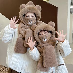 Schals 4 in 1 Netter Bär Ohr Warm verdicken Hut Schal Handschuhe Maske Set mit Kapuze Frauen Mützen Lässige Plüschkappen Solide Fleece Mädchen Kawaii Pres