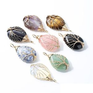 Charms Heilkristall Naturstein Wassertropfen Schnur Baum des Lebens Gold Wire Wrap Anhänger Türkis Amethyst Tigerauge Rose Q Dhgarden Dhbyf