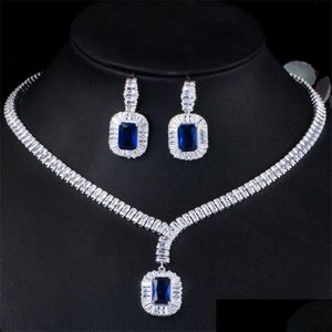 Orecchini Collana Fashion Diamond Tennis Orecchino Set di gioielli di design Sier Set da sposa africano Blu Bianco Aaa Cubic Zirconia Donna Dhbwh
