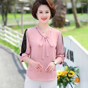 女性のブラウスBlusas Mujer de Moda Blouse Women v-neck Polka Dot Bow 3/4 Lace Chiffon Tops 2023