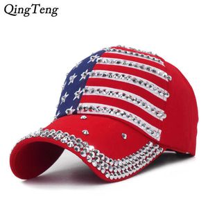 Caps de bola Luxury feminina bandeira americana shinestone beisebol tampa de moda casual feminina snapback caps feminino por atacado DropShipp G230201