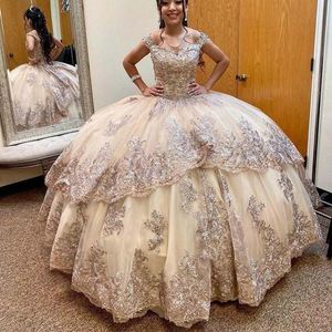 2023 Champagne Ball Gown Quinceanera Dresses Bridal Gowns Off Shoulder Lace Appliques Crystal Beads Corset Back Sweet 16 Dress Tiered Floor Length