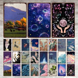 Illustration Metal Sign Comic Tin Sign Starry Landscape Vintage Plaque Cartoon Cats Iron Painting Wall Stickers for Home Decor 20cmx30cm Woo