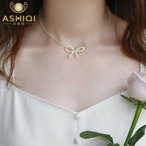 Pendanthalsband Ashiqi Natural Freshwater Pearl Bow Halsband 925 Sterling Silver Hand Woven Jewelry for Women G230202