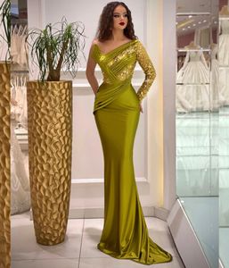 Sparkly Green Mermaid Prom Dresses Long Sleeve One Shoulder Satin Aftonkl￤nningar Formell kl￤nning Vestidos de Noche