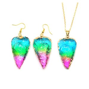 Örhängen halsband Rainbow Crystal Jewelry Set Healing Druzy Stone Pendant med Sier Plated Chain and Drop for Women Delivery Set Dhvnx