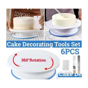 Baking Pastry Tools 6Pcs/Set 11 Inch Plastic Cake Turntable Rotating Dough Knife Decorating Cream Cakes Stand Rotary Table Diy Too Dhdck