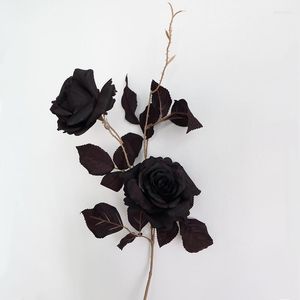 Decorative Flowers Simulation 2 Black Rose Bouquet Home Living Room Dining Table Wedding Halloween Decoration Dark Artificial Fake