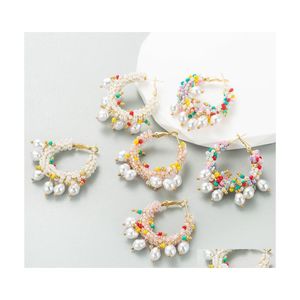 Hoop Huggie Bohemian Fashion Geometryczne koraliki ryżowe Kolczyki Faux Pearl Colorf Kościa Korpowa biżuteria Dhnqi