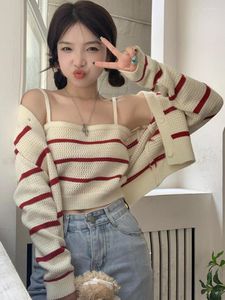 Women's Knits Korean Two Pieces Set Women Y2k Aesthetic Fashion All Match Crop Tank Top Long Sleeve Knit Cardigan 2023 Autumn Elegant