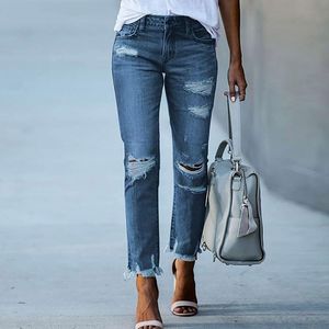 Women's Jeans Mid Waist Women Vintage Distressed Denim Pants Holes Destroyed Pencil Casual Trousers Summer Ripped Jeans#g