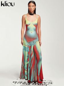 Lässige Kleider Kliou 3D Body Print Maxikleid Frauen Glänzende Krawatte Trocken Atemberaubende Unneck Spaghetti Strap Robe Weibliche Bodyshaping Hipster Streetwear 230202