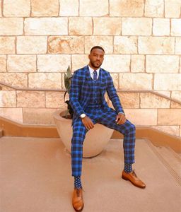 メンズスーツブレザーコスチュームhomme 3ピース格子縞の男性青と黒カスタマイズストリートファッション高品質のコットンフォーマルビジネスマンズ