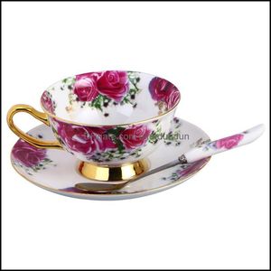 Muggar European Style Coffee Tea Set Creative Ceramic Cup For Afternoon British Red Saucer Set Inhemska koppar M￶nster 6 Drop Delivery DHDQ9