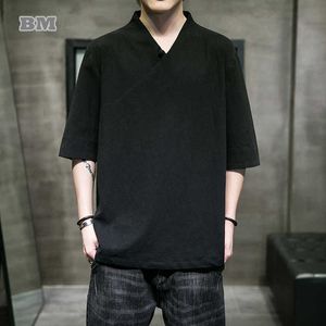 남자 티셔츠 중국 전통 드레스 레트로 v- 넥 티셔츠 남자 의류 2022 여름 더하기 5 점 소매 한피 블랙 얇은 린넨 탑 G230202
