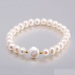 Beaded Freshwater Rice Pearls Strand Armband med Coin Pearl Natural Color Stretch Armband Bangle For Women Jewelry Love Wish Gif DHQTJ