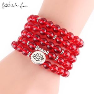 Strand Little Minglou Kırmızı Kristal Doğal Taş 108 Mala Lotus Bilezik veya Kolye Reiki Budist Tespih Boncuklu Strands