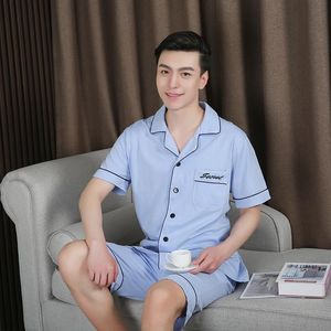 Herren-Nachtwäsche, Sommer-Männer-Pyjama-Set, blaue Baumwolle, Hemd und Shorts, Kurzarm, 2 Stück, männlich, lässig, Pyjama, Anzug, Revers, Loungewear, L-3XL