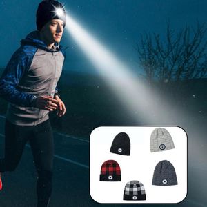 Ball Caps Led Lamp Knitted Hat 2023 Autumn And Winter Warm Outdoor Night Large Lattice Cycling Lighting Hatgloves Running I1S3