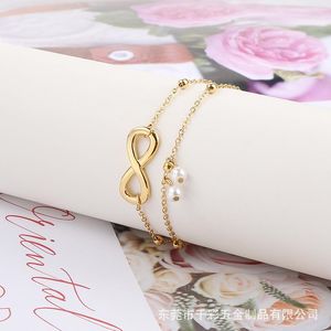 Anklets Gold Plated Stainless Steel Chunky Number 8 For Women Romantic Sweet Double Layer Pearl Adjust Female Foot Jewelry 2023