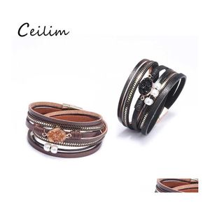 Link Cadeia Moda Mtilayer Bracelete de couro para mulheres Drruzy Resina Stone Bolas de punho de punho de punho