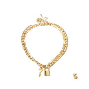 Chains 2Pcs/Set Vintage Mti Layer Padlock Choker Necklace Fashion Gold Color Lock Key Pendant Necklaces For Women Jewelry Drop Deliv Dhxmo