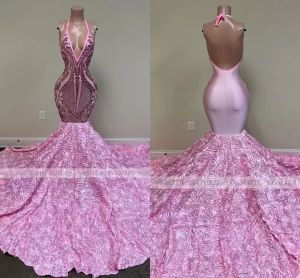 Pink Long Prom Dresses Mermaid Black Girls Sequin Sexy Halter Halter 3D Flowers Flowers African Women Ordial Party Party Donsens 2023