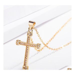 Colares de pingentes j￳ias de moda 24k Placamento de ouro Diamante Jesus Cruz Colar Mulheres homens Crystal Row Drop Drop Pingents Dhpyf