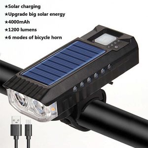 Luci 1200 Lumen Luce solare a LED per bicicletta Batteria 4000mAh Batteria ricaricabile USB per bici da strada Lampada frontale IPX4 Torcia elettrica con clacson 0202