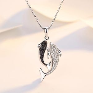 Chains Real 925 Sterling Silver Jewelry Crystal Dolphin Box Chain Pendants&Necklaces For Women Solid Sterling-silver Choker Necklace