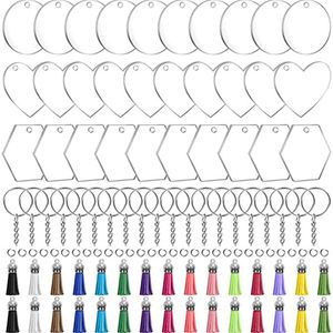 Nyckelringar akrylblankor Tasslar Ställ Clear Circle Heart Hexagon med hoppringar för Vinyl Crafting DIY smycken KeyringKeychains