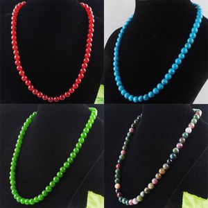 Pendant Necklaces Natural Red Agates Jades Turquoises Tigers Eye Smooth Stone Round Beads 8mm Beaded Strand Women Jewelry 45cm TBF302