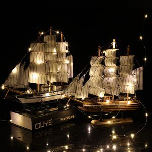 Decorative Objects Figurines Vintage Sailboat Model Nordic Home Decoration Accessories Wooden Boats Ornament with LED Light Living Room Decor 230201