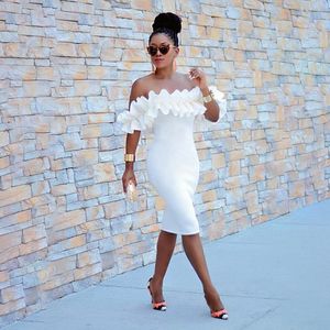 Casual Dresses White Tight Flounced Edge Midi Dress Summer Sexig Chic Party for Women Drophipping Wholesale Artikelföretag No.221