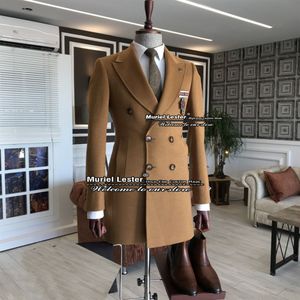 Herrdräkter blazers hösten/vinter militär kostymer jacka män brun kamel tweed wollen dubbel breasted overrock smal passform groomsmen blazer long coat 230202