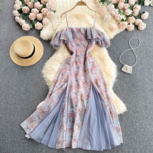 Casual jurken Sweet Summer Strapless Slim Fit en Flare Floral Long Chiffon Dress Off-The-Shoulder Ruffles Patchwork Pleateded