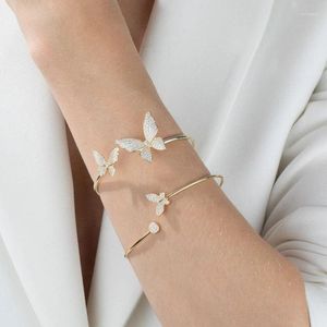 Bangle Iced Out Bling Sparking 5A Clear Cz Double Butterfly Charm Braccialetti aperti per le donne Fashion Animal Adjusted Party Jewelry