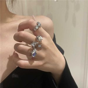 Cluster Rings Korean Crystal White Opal Irregular Ring for Women Zircon Star Open Rings Vintage Geometric Aesthetic Trendy Egirl Ring Jewelry G230202