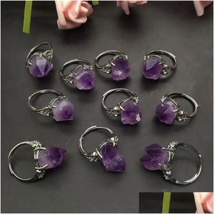 Solitaire Ring Natural Vintage Amethyst Cluster Crystal Rough Stone Flower Justerbar Energy Sier Jewelry Set Accessorl Gif Dhgarden Dh7du