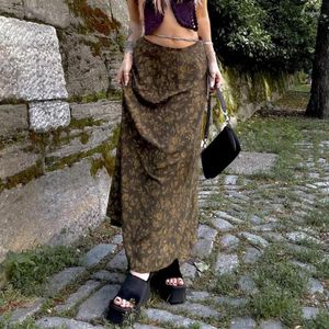 Kjolar vintage blommigt tryck kawaii y2k midi kvinnor preppy stil låg midja fairycore grunge estetic brun lång kjol